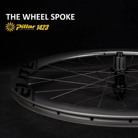 Close-up of Road Disc Brake Carbon Wheelset 700c with 60mm Deep Rim and Pillar 1423 Spokes for Strength and Smooth Rolling.