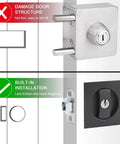 Comparison of a traditional lock damaging door structure vs the Black Privacy Pocket Door Lock With Keys Hidden Recessed Square Barn Door Latch For 1 3/8 To 2 3/16 Inch Thick Doors Zinc Alloy Brushed Nickel Finish Anti Corrosion Dust And Oil Resistant Left Or Right Hand Install with built-in installation.