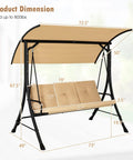 Three Person Porch Swing With Removable Cushions, Solid Steel Frame, Outdoor Patio Swing With Adjustable Canopy For Garden
