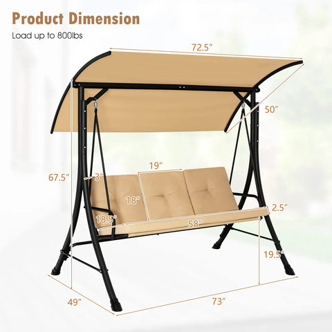 Three Person Porch Swing With Removable Cushions, Solid Steel Frame, Outdoor Patio Swing With Adjustable Canopy For Garden
