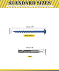 Dimensions of 100-Piece Exterior Pocket Hole Screws Set, Size 8 X 2 Inch, Blue Anti Rust Coating with 50mm drive bit shown