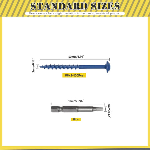 Dimensions of 100-Piece Exterior Pocket Hole Screws Set, Size 8 X 2 Inch, Blue Anti Rust Coating with 50mm drive bit shown