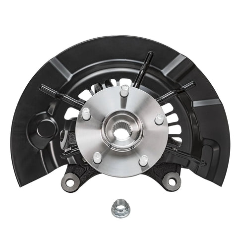Front Steering Knuckles And Wheel Bearing Hub Assembly Replacement Kit For 2012 Through 2017 Toyota Camry SE And XSE Models Includes Two Knuckles For A Fast Reliable Front End Restore, close-up view of a single knuckle with hub and protective backing plate.