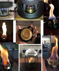 Collage of Ultralight Outdoor Mini Alcohol Stove Burner And Compact Cook Set in use with visible flames and compact design.