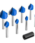 Pack Of 8 Hardcore Professional Carbide Router Bits For 90 Degree V Grooves And Chamfering Woodwork on Plywood, includes 1/4 inch shank.