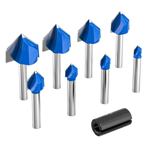 Pack Of 8 Hardcore Professional Carbide Router Bits For 90 Degree V Grooves And Chamfering Woodwork on Plywood, includes 1/4 inch shank.