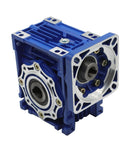 NMRV040 worm gear reducer in blue aluminum housing, front-angled view showing flange, output shaft, mounting holes