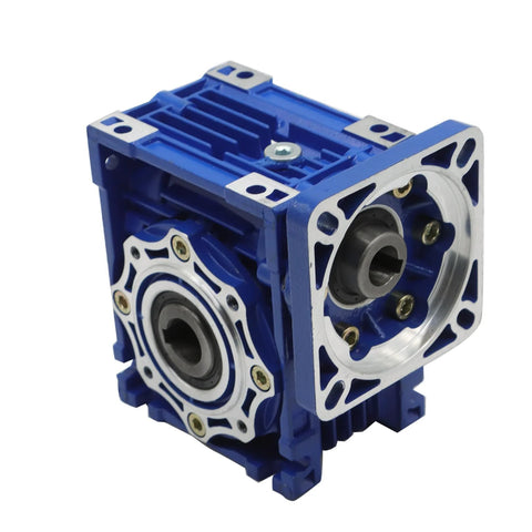 NMRV040 worm gear reducer in blue aluminum housing, front-angled view showing flange, output shaft, mounting holes