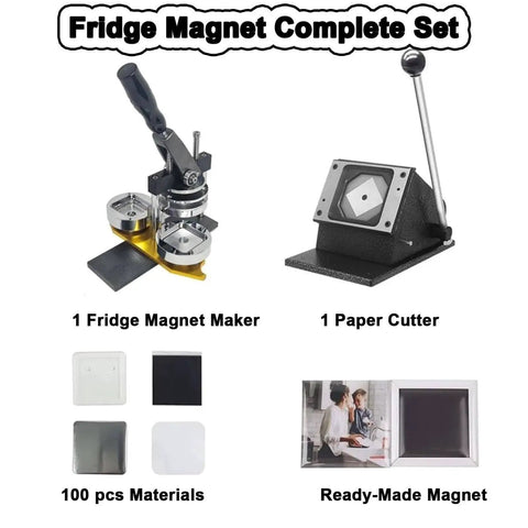 Grab-and-Go DIY Badge Maker Kit With Easy Grip Handle Create 50x50mm Button Badges Photo Magnets And Fridge Magnets Includes Paper Cutter And 100 Components For Quick Custom Badges. Fridge magnet complete set with maker, paper cutter, materials, and ready-made magnet.