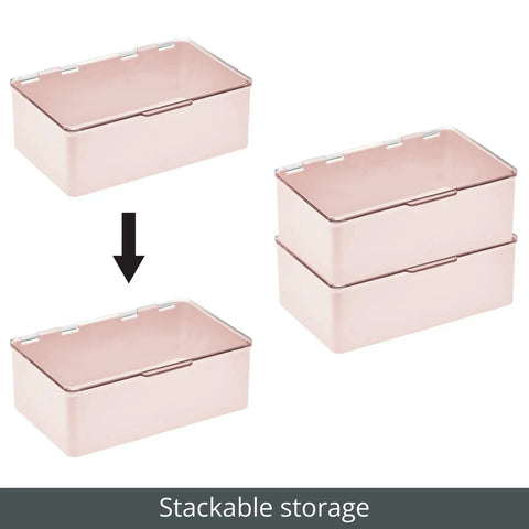 Stackable Plastic Storage Organizer Boxes With Hinged Lids For Office Bedroom Entryway Garage And Craft Room In Light Pink And Clear
