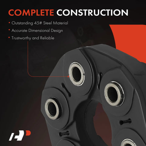 Front view of a black drive shaft flex joint coupler with metal bushings.