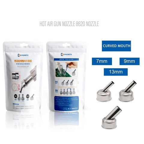 Pro Grade Stainless Steel Hot Air Gun Nozzle Set for Soldering Stations with packaging and curved mouth nozzles in 7mm, 9mm, 13mm