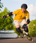 Person inline skating wearing black 3 In 1 Protective Gear Set For Kids Ages 3 To 11 Knee Pads Elbow Pads And Wrist Guards