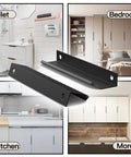 Five Pack Black Hidden Drawer Cabinet Handles Aluminum Alloy Arc Edge Pull Back Mount Concealed Furniture Hardware For Dresser Kitchen 300mm 11.8 Inch shown in different room settings.