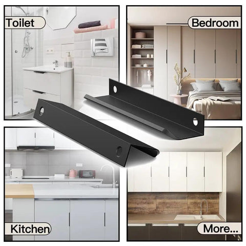 Five Pack Black Hidden Drawer Cabinet Handles Aluminum Alloy Arc Edge Pull Back Mount Concealed Furniture Hardware For Dresser Kitchen 300mm 11.8 Inch shown in different room settings.