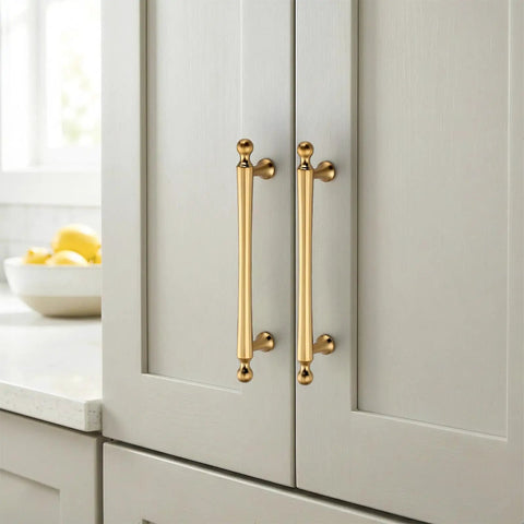 Five Pack Champagne Bronze Cabinet Pulls, 5 Inch Center To Center Kitchen Handles For Cabinets And Dressers, Zinc Alloy on grey doors