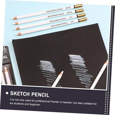 Six Pack White Sketching Pencils For Drawing And Shading Great For Beginners And Artists White Charcoal Pencils For Illustration Journaling Blending And Texturing With Smooth Color Laydown on black paper