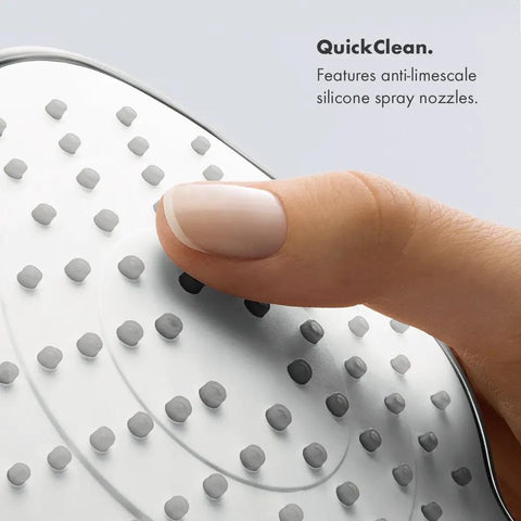 Close-up of Croma Select S 7 Inch Low Flow Showerhead with Rain and IntenseRain Sprays EcoRight Water Saving Chrome Finish QuickClean nozzle