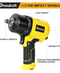 Badass Half Inch Air Impact Wrench Delivers 1750 Ft Lbs Of Serious Torque At 8000 Rpm To Easily Break Loose Jammed Bolts With variable power.