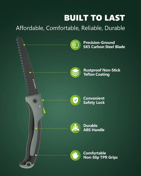 7 Inch Folding Hand Pruning Saw For Camping And Outdoors Beefy Heavy Duty Foldable Tool showing SK5 blade and ABS handle