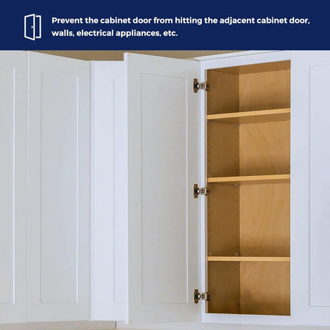 Open cabinet door with 86 Degree Kitchen Cabinet Door Angle Restrictor Clips for soft close hinges preventing slams and damage.