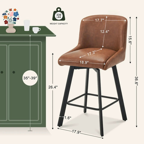 Swivel Bar Stools Set Of Three 26 Inch High Comfy Upholstered Barstools With Backs For Kitchen Island Modern Counter Height Chairs With Sleek Metal Legs And Faux Leather Brown Finish, showing dimensions and weight capacity