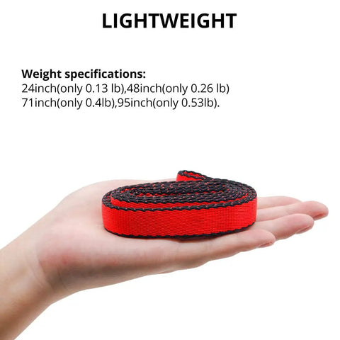 16mm Climbing Slings Set Three Pack In Red held in hand, showing lightweight design. Lengths listed: 24in, 48in, 71in, 95in.