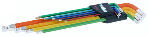 Ball End Hex L Key Set 9 Piece Metric with color coded handles textured no slip grip ball end drivers for fastener interlock up to 25 degrees