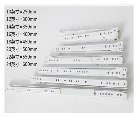 Various sizes of Heavy Duty Drawer Track Slides for Two-Cabinet Furniture System, showing 10 to 24-inch lengths.