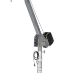 Heavy Duty AC Powered Jib Crane With Dope Galvanized Finish, 2000 LB Load Capacity, 3 To 5 FT Telescoping Boom, side view of crane with steel base and motor for lifting tasks.