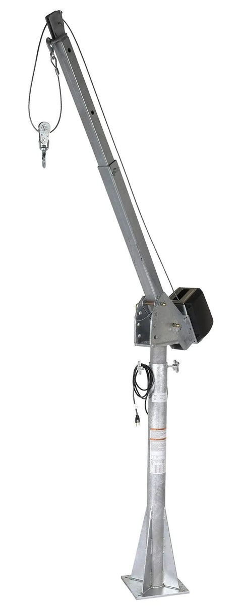 Heavy Duty AC Powered Jib Crane With Dope Galvanized Finish, 2000 LB Load Capacity, 3 To 5 FT Telescoping Boom, side view of crane with steel base and motor for lifting tasks.
