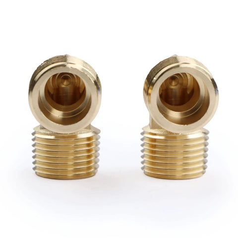Two brass 1/2 in NPT male street elbows, 90-degree barstock pipe fittings.