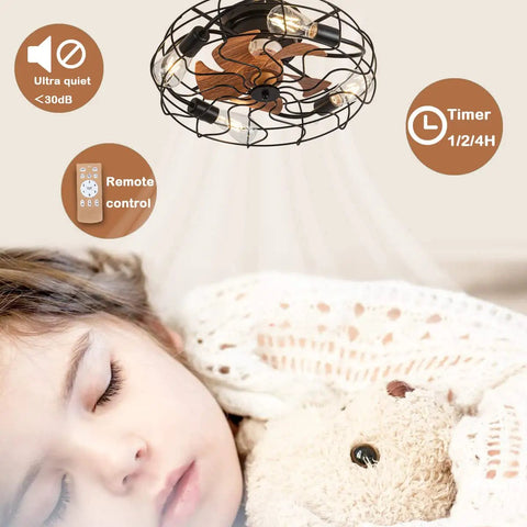 Dope Industrial Black Caged Ceiling Fan With Lights 20 Inch Modern Smart Ceiling Fan above a sleeping child, remote control icons visible.