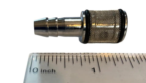 Pressure Washer Detergent Pickup Filter With Internal Check Valve Brass And Chrome 1/4 Inch Barb and ruler