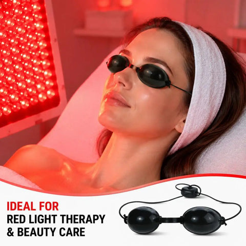Top Shelf 4 Pack Semi Clear Safety Glasses For Tanning Beds And Sunbeds No Sweat Adjust Red Light Therapy Goggles With See Through Lenses and Laser Beauty Treatments on a model during treatment.