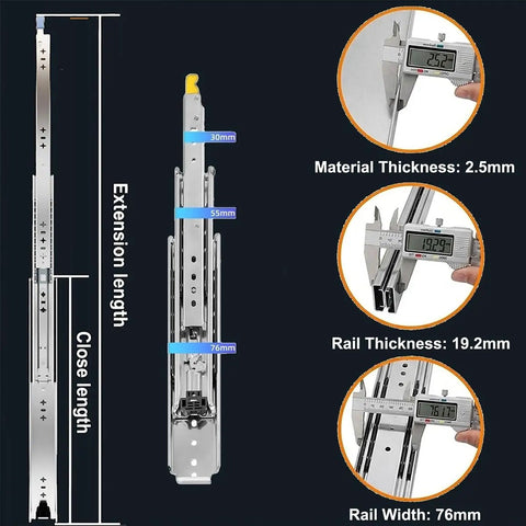 Diagram showing 3 Fold Full Extension Drawer Slides With Lock 76mm Wide Side Mount Ball Bearing Rails Heavy Duty 500 Lb Load Capacity