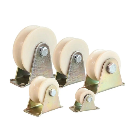 Tough As Nails V Groove Wheel Sliding Gate Casters With Durable Nylon Track Wheel U Type Pulley for barn doors and wire rope systems, four sizes.