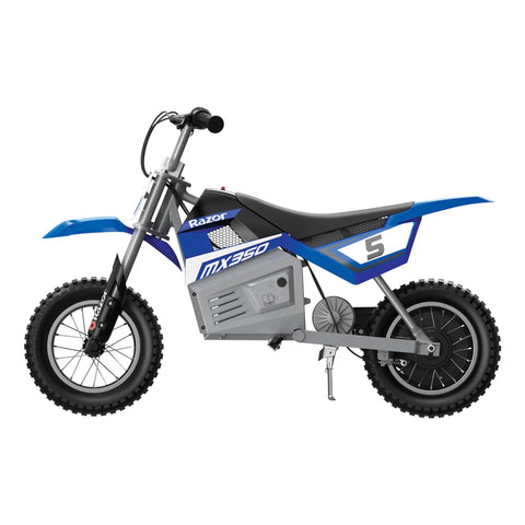 Blue Kids Electric Dirt Bike For Ages 8 And Up With 24V Battery, Side View, Steel Frame, 12 Inch Pneumatic Tires