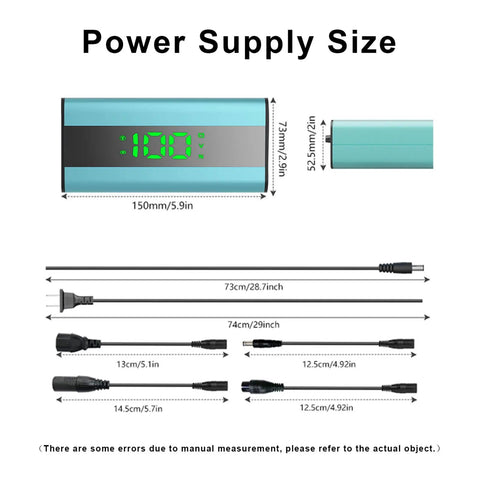 Dimensions of 54.6V 2A Electric Scooter Charger With LED Display; includes connector sizes and power supply measurements