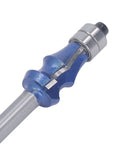 Solid Wood Router Bit 1/4 Inch Shank With Double Bearing, close-up view, blue steel material for trimming MDF plywood panels.