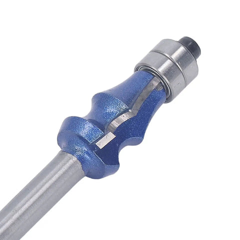 Solid Wood Router Bit 1/4 Inch Shank With Double Bearing, close-up view, blue steel material for trimming MDF plywood panels.