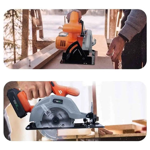 Top Shelf 5.5 Inch Cordless Circular Saw With 20V Battery And Quick Adjustable Bevel Up To 45 Degrees in use on wood.