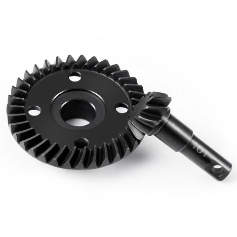 Close-up of heavy-duty steel bevel gear showing teeth and pinion for TRX4 TRX6, part of Beefed Up Steel Bevel Gear Set With 12T-33T Overdrive And 10T-35T Underdrive Differential Gears Ring Pinion For TRX4 TRX6 1/10 RC Crawler Upgrades, Heavy Duty, Precision Machined, Smooth Mesh, Lubricant Recommended.