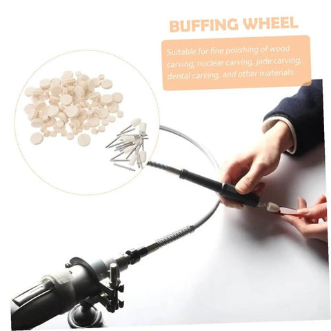Hands polishing with rotary tool using 120Pcs Wool Buffing Wheels Set With Mandrel Handle For Metal Wood Plastics Jewelry projects.