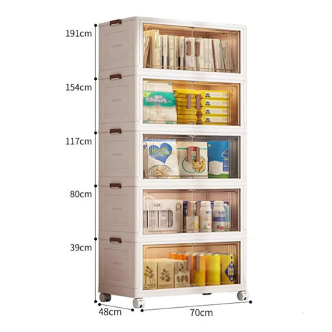 Heavy Duty Plastic Folding Storage Box With Smooth Glide Wheels Black Translucent Collapsible Bin Open Front Design showing contents and dimensions 191cm x 70cm.