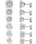 Snag These Fresh Flat Back Earrings Made From Light As Air Titanium Surgical Steel With Diamond Like Cubic Zirconia In Classic Round And Square Styles White Gold Plated Hypoallergenic Multiple Piercing Stud Set Truly Built For All Day Vibes, featuring 6 pairs of cubic zirconia studs in square and round shapes.