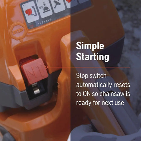 Close-up of start switch on Gas Powered Chainsaw With 38cc 2 HP 2 Cycle X Torq Engine 16 Inch Bar Automatic Oiler Easy Start