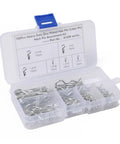 100Pcs Spring Cotter Pins Fastener Assortment Kit For Machinery Tractors Farm Equipment Engines Trucks Cars And Garden Gear Built Tough Carbon Steel Galvanized Hairpin Split Clips For Quick Locking Bolts And Easy Removal in a plastic case with various compartments.