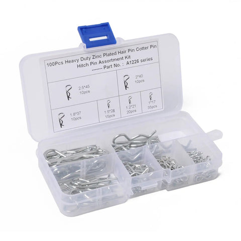 100Pcs Spring Cotter Pins Fastener Assortment Kit For Machinery Tractors Farm Equipment Engines Trucks Cars And Garden Gear Built Tough Carbon Steel Galvanized Hairpin Split Clips For Quick Locking Bolts And Easy Removal in a plastic case with various compartments.