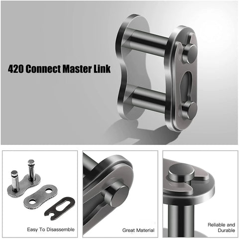 Front view of 420 Connect Master Link set for motorcycle/ATV chain, metallic silver with pins